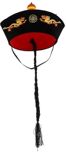 Warmhm Chapeau De Style Qing Chinois avec Tresses Queue De Cheval pour Cosplay Fête Costume Traditionnel pour Garçon Fille Accessoire De Performance