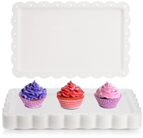 12 Pack White Plastic Serving Platters Rectangle Plastic Trays Serving Platter for Kitchen Trays Serving for Party Wedding Fast Food Restaurant Party Serving Food Tray with Lace Rim 14.4 x 9.3