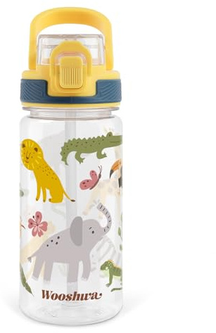wooshwa Borraccia Bambini con Cannuccia 480ml, Borraccia Bambino Bambina a Prova di Perdite con Maniglia Senza BPA, per Viaggi Sport Scolastici - Animali della Giungla Giallo