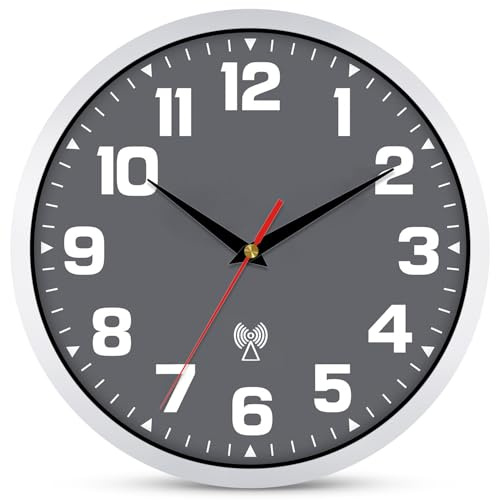 Ziprote Orologio da Parete Radiocontrollato 25CM Orologio da Parete Moderno Silenzioso Orologio Rotondo Decorativo per Camera da Letto Cucina Scuola Ufficio Soggiorno (Grigio)