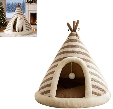 Weihnachts-Zelt für Katzen, Tipi, gemütliches Haustierversteck für den Innenbereich, mit gestreiftem Design, waschbarem Kissen und hängendem Spielball, rutschfester Boden, erhältlich in S/M/L/XL