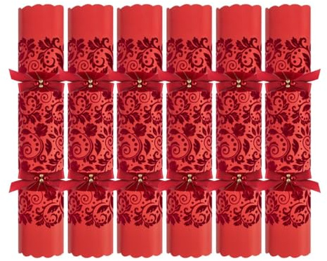 YöL Pack of 6 Exquisite Flock Red Christmas Crackers - 13.5 Metallic Textured Festive Holly Foliage Xmas Holiday Dinner Table Decorations - Novelty Fun Prizes Gifts Contains Hats Jokes