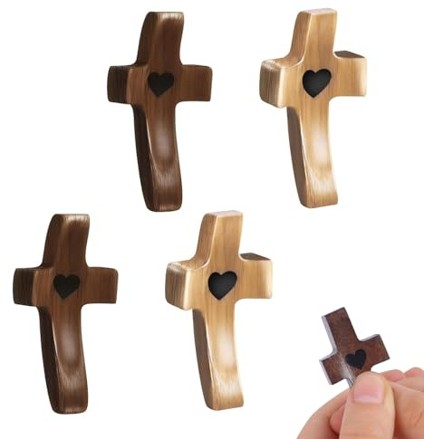 4 Stück Klein Handschmeichler Kreuz, Geschnitztes Holzkreuz mit Herzen | Handgeschnitztes Liebeskreuz aus Naturholz, Daumenkreuz, Geschnitzte Holzkreuz mit Herzen
