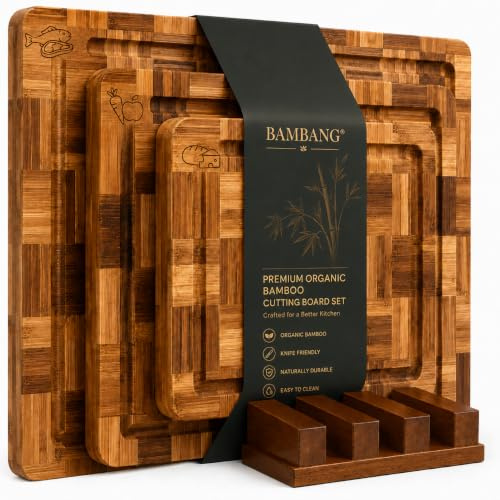 BAMBANG Schneidebrett Set Holz,Schachbrettmuster Stirnholz Hackblock Schneidebretter Bambus,Holzbrett Küche Messerschonendes Holzschneidebrett Bamboo Groß für Fleisch Gemüse