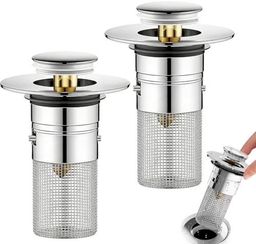 2 Piezas Tapon Lavabo, Valvula Lavabo, Desague Fregadero - Filtro De Desagüe Pop-Up para Fregadero, Carcasa Acero Inoxidable 304 & Núcleo Abs, Anti-Atascos y Anti-Olores