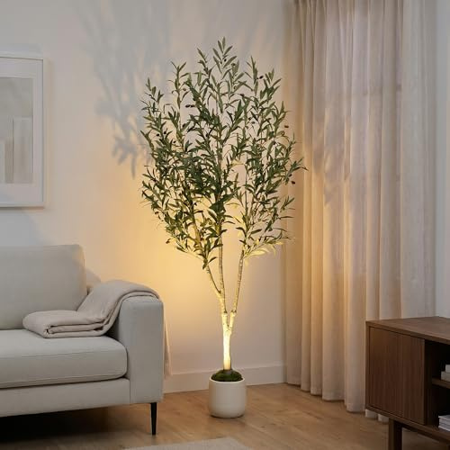 6ft Artificial Olive Tree with LED Light & White Pot - Fake Indoor Plant