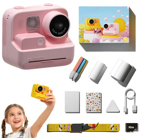 Kids Instant Print Camera, 48MP Dual Lens Children's Digital Camera with Thermal Printing, 32GB TF Card & 4 Print Rolls for Kids 3-12, Creative Camera Gift for Kids (Pink)