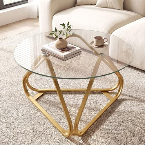 COSTWAY Mesa de Centro Redonda, Mesita Auxiliar de Vidrio Templado con Estructura Metálica Triangular y 6 Almohadillas Ajustables para Pies, Mesa de Café para Salon, Dormitorio, Oficina (Oro)