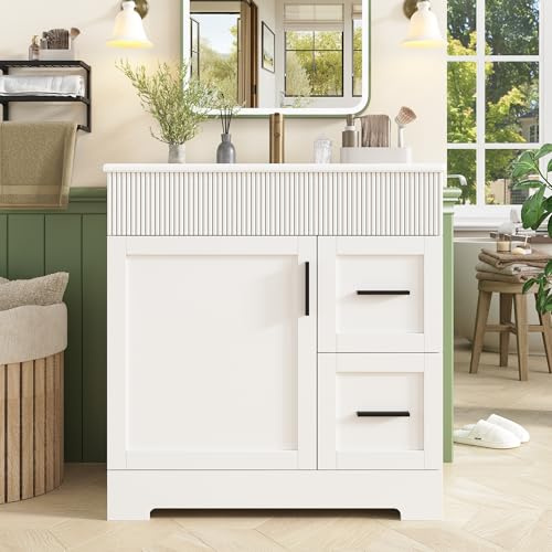 luckdect Meuble de Salle de Bain avec Vasque en Céramique, Meuble de Rangement sur Pied avec Double Tiroirs, Étagère Latérale et Lavabo Moderne Blanc