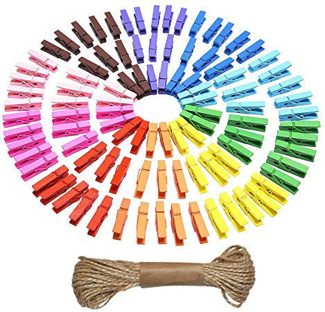 eBoot Mini Farbige Naturholz Holzklammern Wäscheklammern Kleidung Fotopapier Peg Pin Kraft Clips mit Schnur, 100 Stück