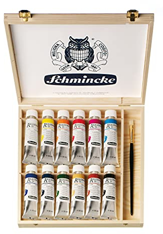 Schmincke - Akademie Öl, 12 x 60 ml Tuben, 79 112 097, Holzkasten + Davinci Pinsel (Größe 10), feine Künstler-Ölfarben, Brillante Farbtöne, Ölmalerei, Ölfarben-Set