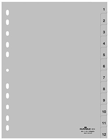 Durable 651210 Zahlenregister (Din A4, geprägte Taben 1-12, PP volldeckend) 10 Stück, grau