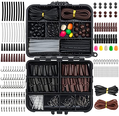Dr.Fish 278pcs Carp Rig Accessory Kit in Mini Box(12x10x3.5cm), Complete Terminal Tackle Set with Hooks, Swivels, Beads, Stops – Portable Tackle Set for DIY Carp Rigs, Color:Brown Black
