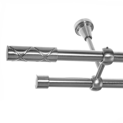 BASIT Gardinenstange Edelstahllook 19mm 2-läufig Decke 240cm lang D28 | Gardinenstangenset doppelläufig Deckenmontage Metall Vorhangstange Deckenhalterung 120-600cm wählbar Kappe Zylinder E63