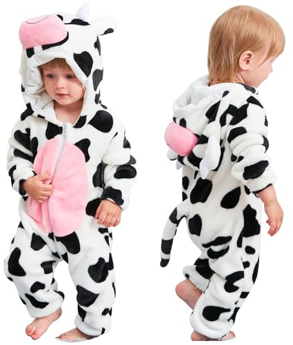 COOKY.D Neonato con Cappuccio Flanella Romper Autunno Inverno Onsie Tuta Manica Lunga per Bambini Ragazze Ragazzi,12-18 Mesi,Mucca