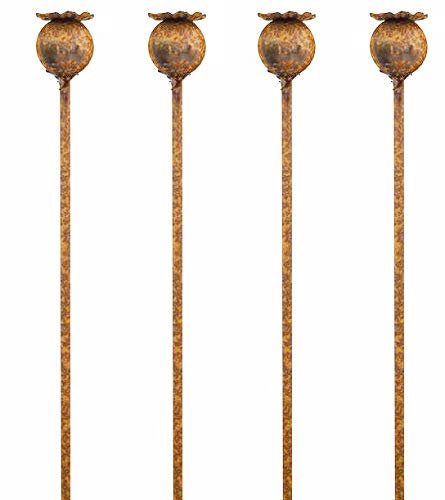 RUDDINGS WOOD Set of 4 x 120cm Tall Natural Rust Metal Poppy Design Flower Plant Support Stakes - Rusty Steel Garden Support Sticks - Garden Border Stakes