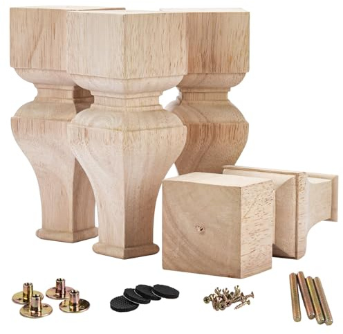 La Vane 8 inch Solid Wood Carved Furniture Legs Unfinished for Pros 4-Pack | 400kg Load Capacity, Ready to Stain & Paintable, Backup Plates & Screws incl. For skilled Woodworkers – Sofa Cabinet Bed