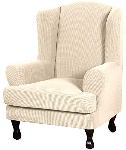 H.VERSAILTEX 2 Piece Stretch Jacquard Wingback Chair Covers Slipcovers Wing Chair Covers (Base Cover Plus Seat Cushion Cover) Furniture Covers Form Fitted Thick Soft, Biscotti Beige