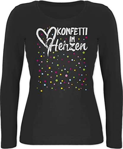 Langarmshirt Damen - & Fasching - Konfetti im Herzen Karneval I - XL - Schwarz - Langarm Tshirt Karnevals t Shirt Faschings Herz Longshirt mit langem arm faschingsshirt fassenacht Confetti Shirts