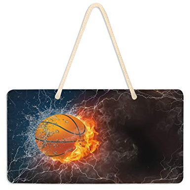 Mnsruu Basketball Fire Water Black Hanging Door Sign Plaque Wall Hanging Sign Home Decor Front Farmhouse Porch Garden Yard 15 x 28 cm