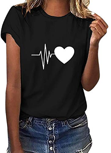 Tuopuda Magliette Donna Estive T-Shirt Manica Corta Elegante Top Cotone Crew Neck Graphic Tee Maglietta Casual Camicia Stampa Shirt Divertenti Sportivi Blusa Moda Top Taglie Forti, Nero, S
