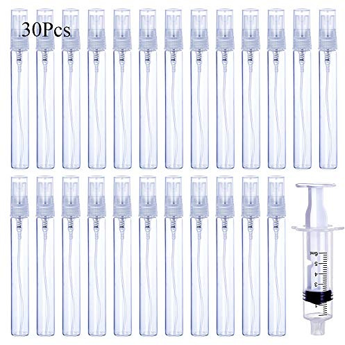 30Pcs 10ml/0.34 Oz Portable Refillable Clear Glass Empty Sprayer Perfume Bottles Cosmetic Atomizers Spray Bottle Container for Travel Party Must Makeup Tool (30Pcs 10ml Clear Glass Perfume Bottles)
