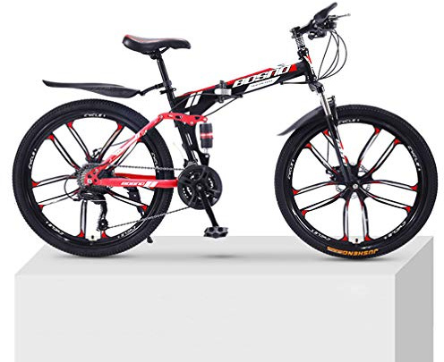 ZKHD 21 Vitesses 10-Couteau-Roue De Bicyclette Adulte VTT Double Pliage D'amortissement Hors Route À Vitesse Variable Mâle Et Femelle Bicyclettes,Black Red,26 inch
