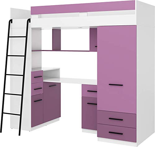 FurnitureByJDM Hochbett mit Schreibtisch, Kleiderschrank und Stauraum – Jugendbett für Kinderzimmer (110x204 cm) – Kinderbett mit 90x200 cm Matratzengröße – Linke Leiter – SMYK (Weiß/Lavendel)