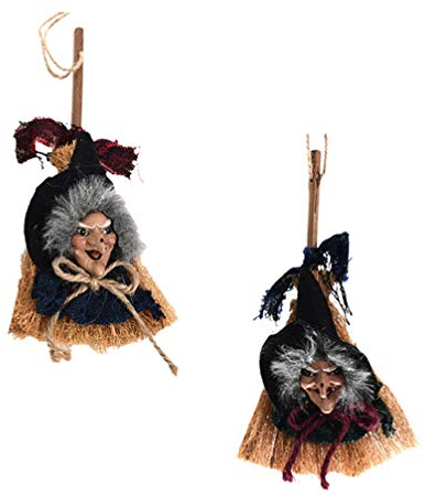 Happyyami 2Pcs Halloween Hängen Puppe Hängen Animierte auf Besen Dekoration Fliegen Hexen Stroh Besen Wizard Tür für Party Decor (Grün Und Blau)