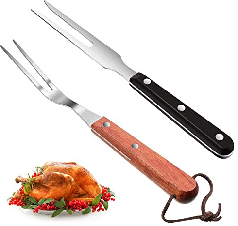 2 Pieces Meat Fork Stainless Steel Carving Fork with Wood Handle Cooking BBQ Grill Steak Tool for Kitchen Barbecue Serving Cooking Grilling Roasting 10.5 Inches, Round Handle