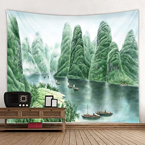 Wandtuch, Retro-Chinesischer Wandteppich, Wandbehang, Grüne Tuschemalerei, Berge, See, Boot, Orientalische Landschaft, Wandteppiche Für Schlafzimmer, College, Wohnheim, Wohnzimmer, Zuhause, Stran