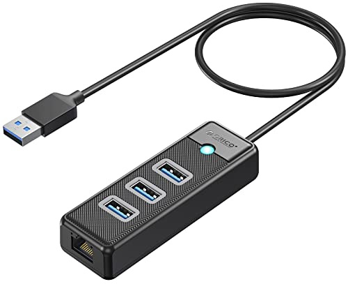 USB 3.0 HUB Ethernet, ORICO 4-en-1 USB 3.0 con RJ45 10/100/1000 Gigabit Ethernet Adaptador con Cable de 1,6 pies Compatible con Mac OS 10.X y Superior, Linux, Android-Negro
