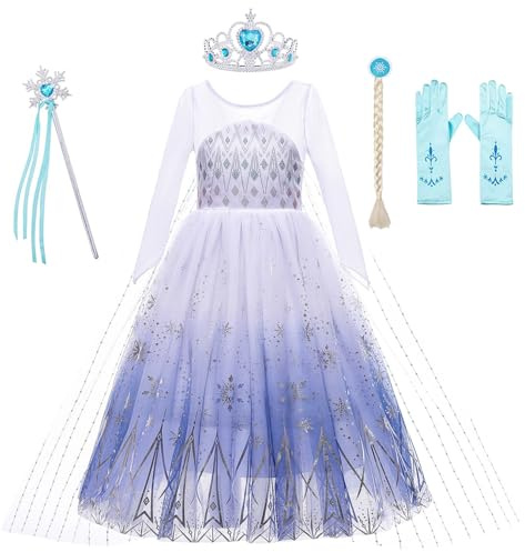 KANDEMY Mädchen ELSA Prinzessin Kostüm Faschingskostüme für Kinder Eisprinzessin Kleider für Karneval Rollenspiel Geburtstag Party Weiß 110