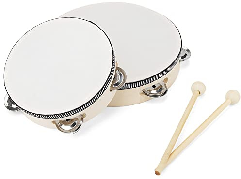 MANCHAP 2 Pack 2 Sizes Wooden Tambourine, 6 Inch & 8 Inch Handheld Tambourine, Wooden Hand Drum with Jingle Bells, Percussion Musical Instrument for Rhythm Learning, Performance