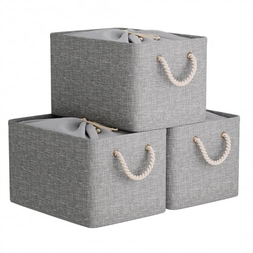 OUTBROS Aufbewahrungsbehälter, 33 x 23 x 20 cm Stoff Aufbewahrungsbox mit Kordelzug und Griff, faltbarer Aufbewahrungskorb (Grau, 3-Pack)