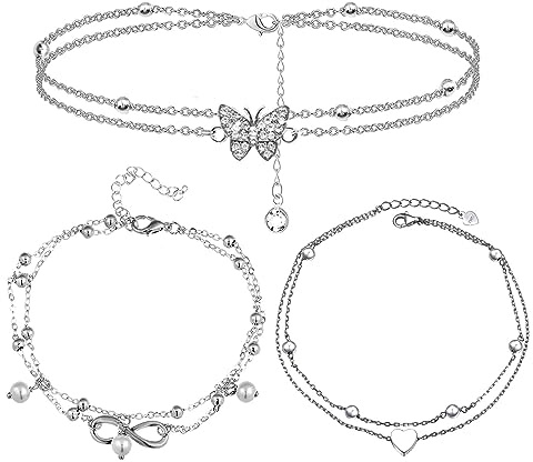 AYNKH 3 PCS Ankle Bracelets for Women Adjustable Butterfly Silver Foot Bracelet Heart Layered Anklets Lucky 8 Beaded Pearl Double Layer Foot Jewelry for Girls