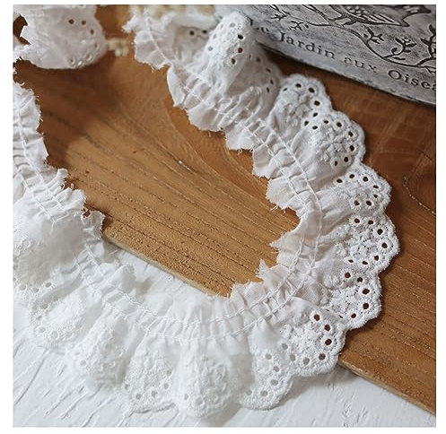 Yurosiay 2m Weiße Baumwolle Spitzenborte Blumenstickerei Plissee Spitzenband Rüschen Spitzen Rüschenborte Plissee Baumwollspitze Rüschenbesatz Zierband Spitze zum Nähen Kleidung 4cm Breite