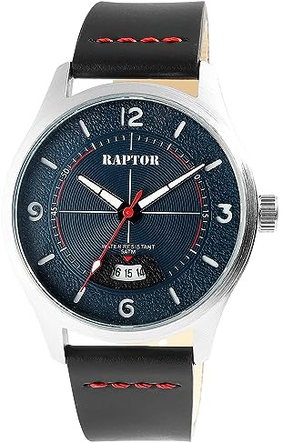Raptor Falkor Herren-Uhr Leder Armband Datum Dornschließe 5 Bar Analog Quarz RA20376 (schwarz blau)