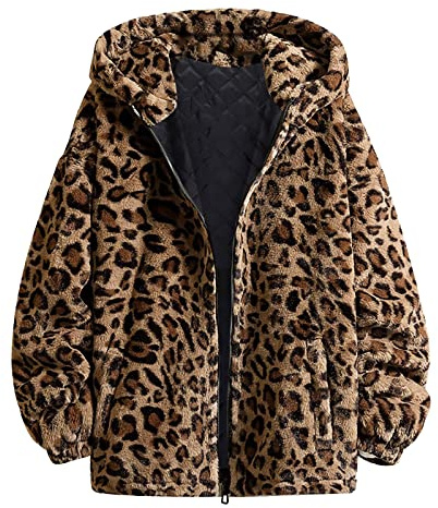 Chnnamzu Jacke Damen Winterjacke - Teddy Fleecejacke Fleece Hoodie Damen Parka Jacke Mantel Langarm Leopard Fuzzy Fleece ReißVerschluss Kapuzenjacke MäNtel Oberbekleidung mit Tasche