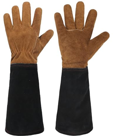 HANDLANDY Damen-Gartenhandschuhe aus Leder, dornensicher, lang, Gartenhandschuhe, Ellenbogenlänge, Rosenschnitthandschuhe, Schwarz und Braun, Größe M