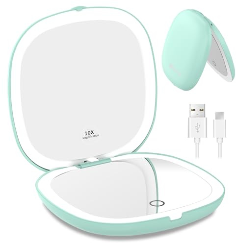 WOBSION LED Taschenspiegel mit 1X/10×Vergrößerung und Beleuchtung,USB Wiederaufladbarer Tragbarer Kleiner Reisespiegel mit Licht,750mAh Dimmbarer Doppelseitiger Handspiegel für Makeup,Grün