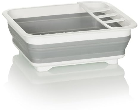 hjh OFFICE Escurreplatos Clean SIL, Silicona, Plegable para vajilla y cubertería, Bandeja recogegotas Que Ahorra Espacio, Gris/Blanco, 924000
