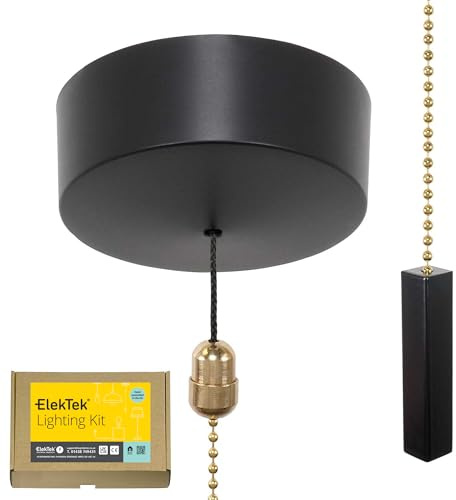 ElekTek Premium Matt Black Bathroom Light Pull Cord Switch Kit - Black Square Bar Brass Chain