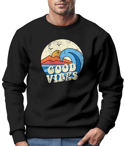 Neverless® Sweatshirt Herren Print Vintage Grafik Welle Sonne Surfen Rundhals-Pullover Fashion schwarz L