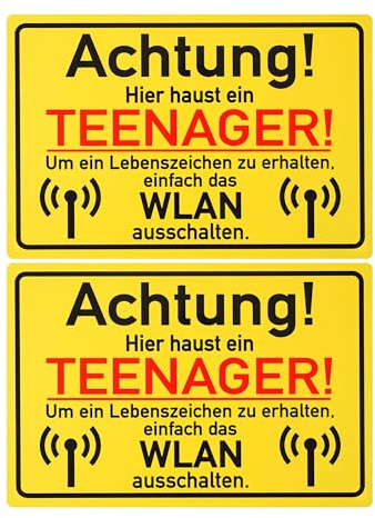 Schild mit Achtung! Hier haust ein TEENAGER!, 2 Stück, 1 mm PVC, 30 x 20 cm, Scherzartikel für Jugendliche, Spaßschild mit WLAN ausschalten, lustiges Hinweisschild für Pubertät, witziger Spaßartikel