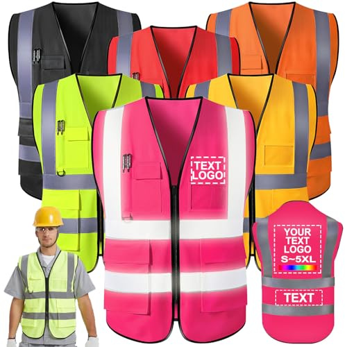 Personalisierte Sicherheitsweste mit Logo-/Namendruck, 5 Taschen, hohe Sichtbarkeit reflektierend, Rosa, XXL