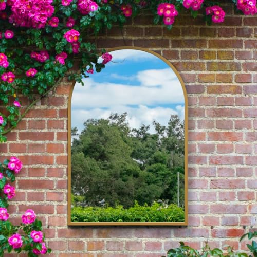 The Arcus - Gold Metal Framed Arched Garden Wall Mirror 47 X 31 (120CM X 80CM). Suitable for Outside and Inside.