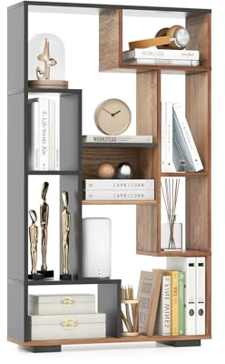 COSTWAY 120cm Bücherregal mit 9 Fächern, Standregal Raumteiler geometrisch, Mehrzweckregal Holz, freistehendes Aufbewahrungsregal mit Kippschutz für Büro, Wohnzimmer (Schwarz und Holz)