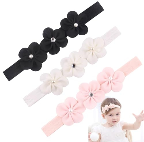 JCUGSBS Fascetta Neonata Battesimo,Cerchietto Floreale per Bambine,3 Pezzi Fascia per Capelli per Neonati,Fascia per Capelli Bambina,Fascia Bambina Accessori Fasce,Cotone, Morbido