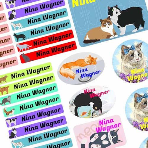 Namensaufkleber Set - Kinder - 75 Stück - Katzen - mit Wunschtext - Name - personalisiert - Namensetiketten - für Jugendliche - Firma - Universität - Schule - Kinder - KITA
